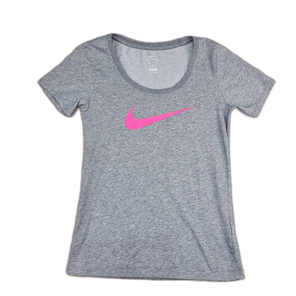 Nike Women's Dri-Fit Scoop Neck Training Shirt Size XS Gray Pink Swoosh Logo